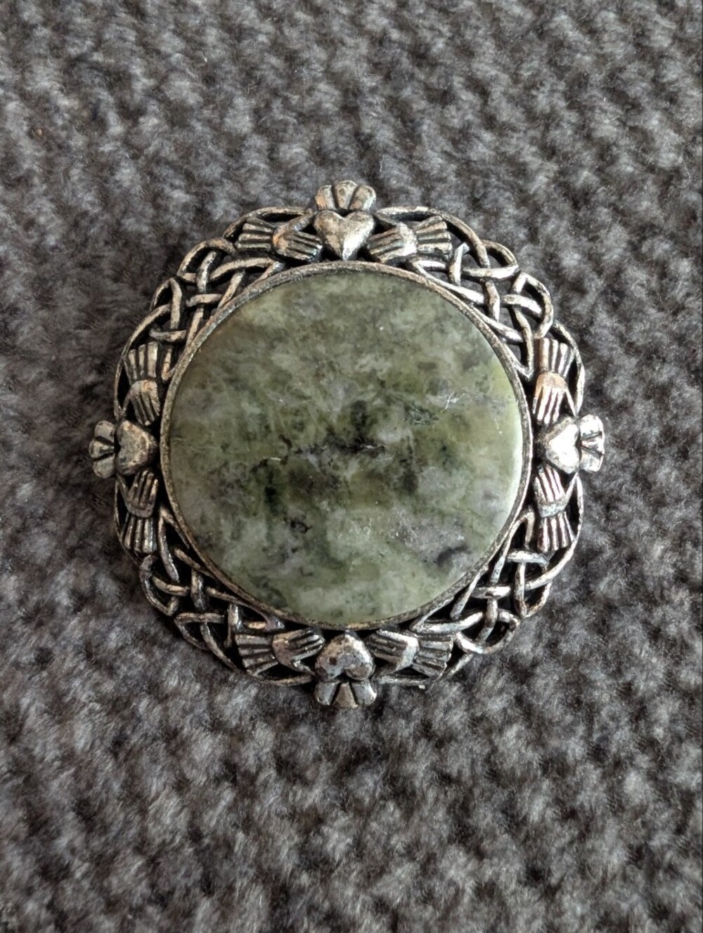 Vintage Irish pewter brooch polished green Connemara marble
